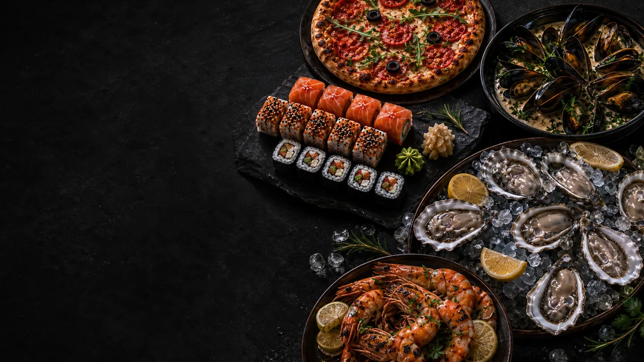Пицца, роллы, мидии, устрицы и морепродукты на тёмной сервировке